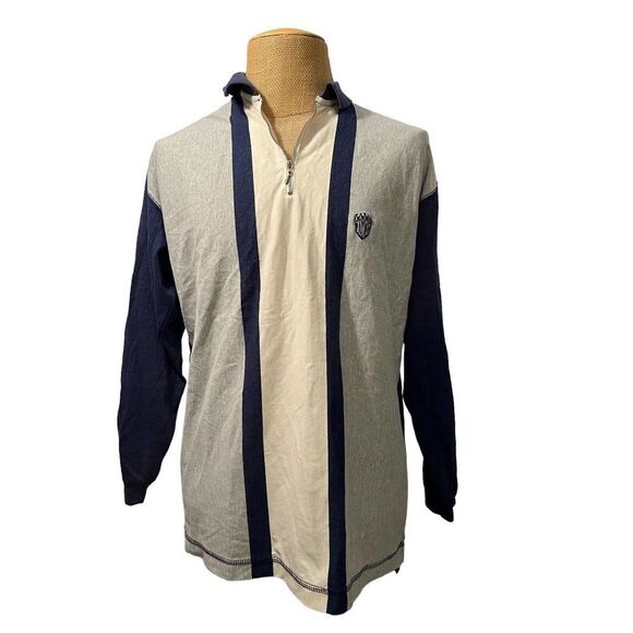 VTG JNCO JEANS‎ Men's Long Sleeve Polo Shirt Gray Blue Striped Zipper USA Size 2 - Picture 2 of 7